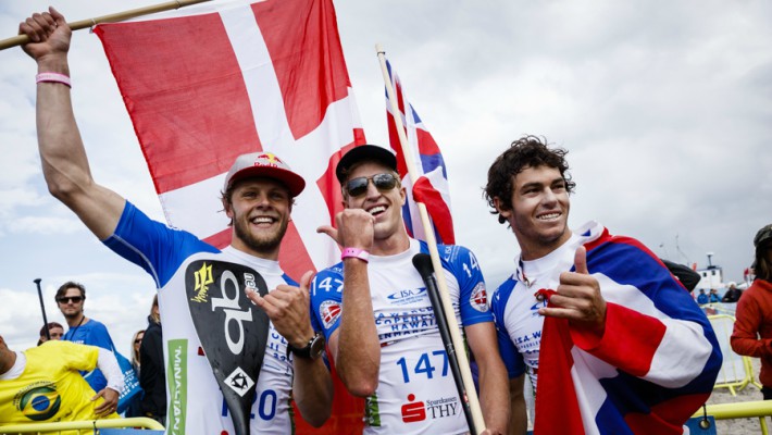 Casper Steinfath, Connor Baxter and Mo Freitas pose at the 2017 ISA World Championship in Denmark