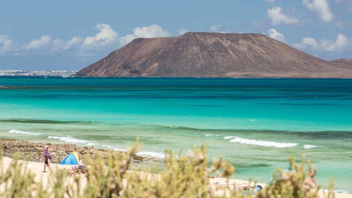 View of neighbouring Lobos from Corralejo Beach, Fuerteventura, the Canary Islands, Spain