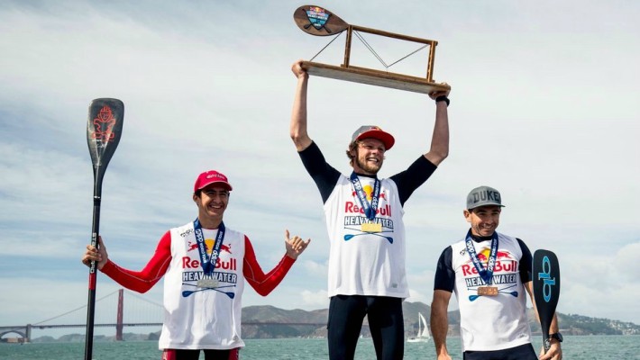 Casper Steinfath celebrates his win on the podium at the Red Bull Heavy Water 2017 in San Francisco, California